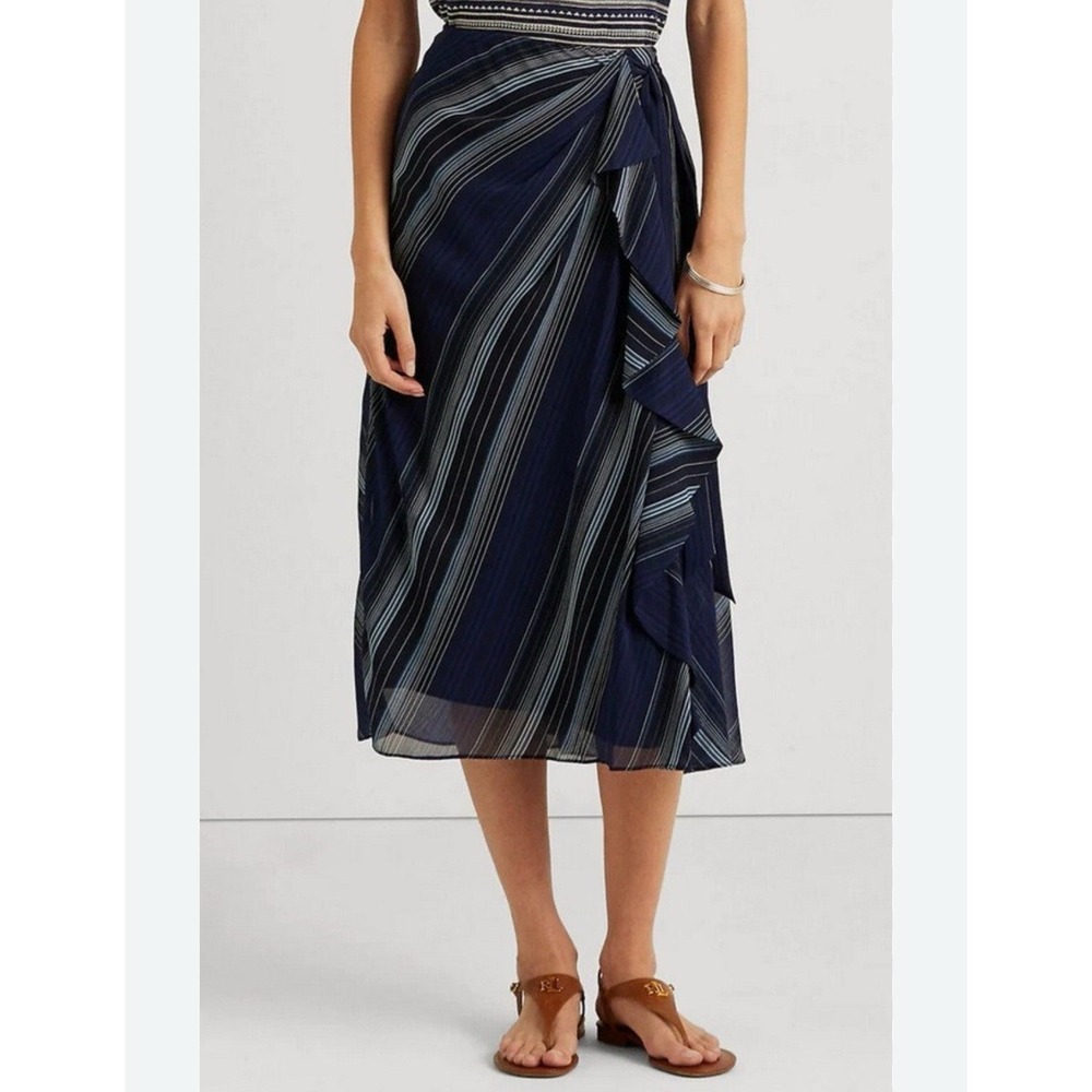 Ralph Lauren Stripe Print Crinkle Georgette Cascading Ruffle Skirt Size 6 NEW